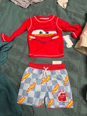 Disney Boys Red Lightning McQueen Rash Guard & Blue Lightning Swim Trunks
